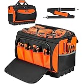 TUFFWORX Large Tool Bag, Mouth Tool Bag with Water Proof Molded Base, 18 Pockets, 17.7x 12.6x 11 inch, Heavy Duty 600D Fabric, Black and Orange