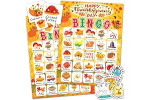 MonEnfance Thanksgiving Bingo Cards, 24 Players Cute Thanksgiving Bingo Game for Kids Adults Famliy Party Game Supplies for Classroom Shool Fall Festival