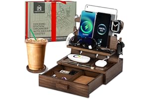 PARKWAY HOME Wood Phone Docking Station for up to 3 Phones - Nightstand Organizer with Drawer for Valuables for Men & Women, Compatible with Apple Watch, Holds Phones, Tablets, Keys, Rings, Glasses, Watches & EDC