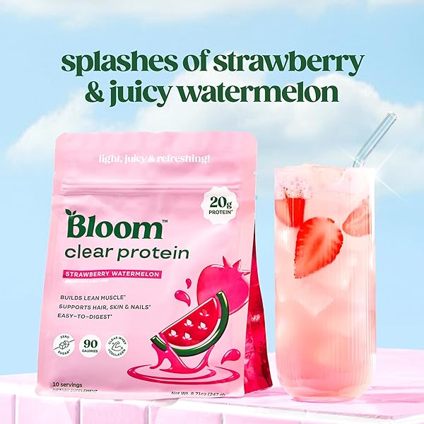 BLOOM CLEAR PROTEIN, WHEY PROTEIN ISOLATE WITH COLLAGEN PEPTIDES AND DIGESTIVE ENZYMES, 20G PROTEIN, SUGAR FREE POST WORKOUT DRINK MIX, 90 CALORIES, STRAWBERRY WATERMELON, 10 SERVINGS