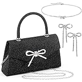 Bulyoou 3 Pcs Clutch Bag Jewelry Set Black Bow Clutch Purse with Silver Bow Necklace and Earrings Glitter Evening Handbags Shiny Jewelry Gift for Women Wedding Party Cocktail Prom