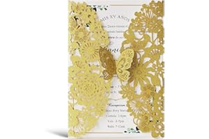 Hosmsua 5.12 x 7.3'' 50PCS Gold Laser Cut Lace Flora Wedding Invitation Cards with Butterfly and Envelopes for Bridal Shower Engagement Quinceañera Wedding invite (Gold Glitter)