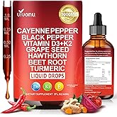 12 IN 1 Cayenne Pepper Drops Supplement, Liposomal Tech 98% Absorption, Supports* Leg Vein, Heart & Blood Vessel* Health, with Vitamin E D3+K2 & Extracts of Grape Seed, Hawthorn, Beetroot, Berberine