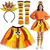 Hikkcos Thanksgiving Turkey Tutu Costume Turkey Trot Skirt with Headband Sock for Womens Thanksgiving Outfits Cosplay Party