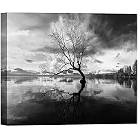 SIGNWIN Canvas Wall Art A Wisdom Tree in The Lake with Snow Mountains Nature Wilderness Photography Modern Art Contemporary Dramatic Black and White for Living Room, Bedroom, Office - 12x18 inches