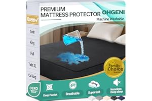 OhGeni 100% Waterproof Mattress Protector, Queen Black Size, Fitted Sheet with Deep Pockets, 6''-18'', Premium Noiseless Breathable Soft Material, Mattresses Cover for Bed