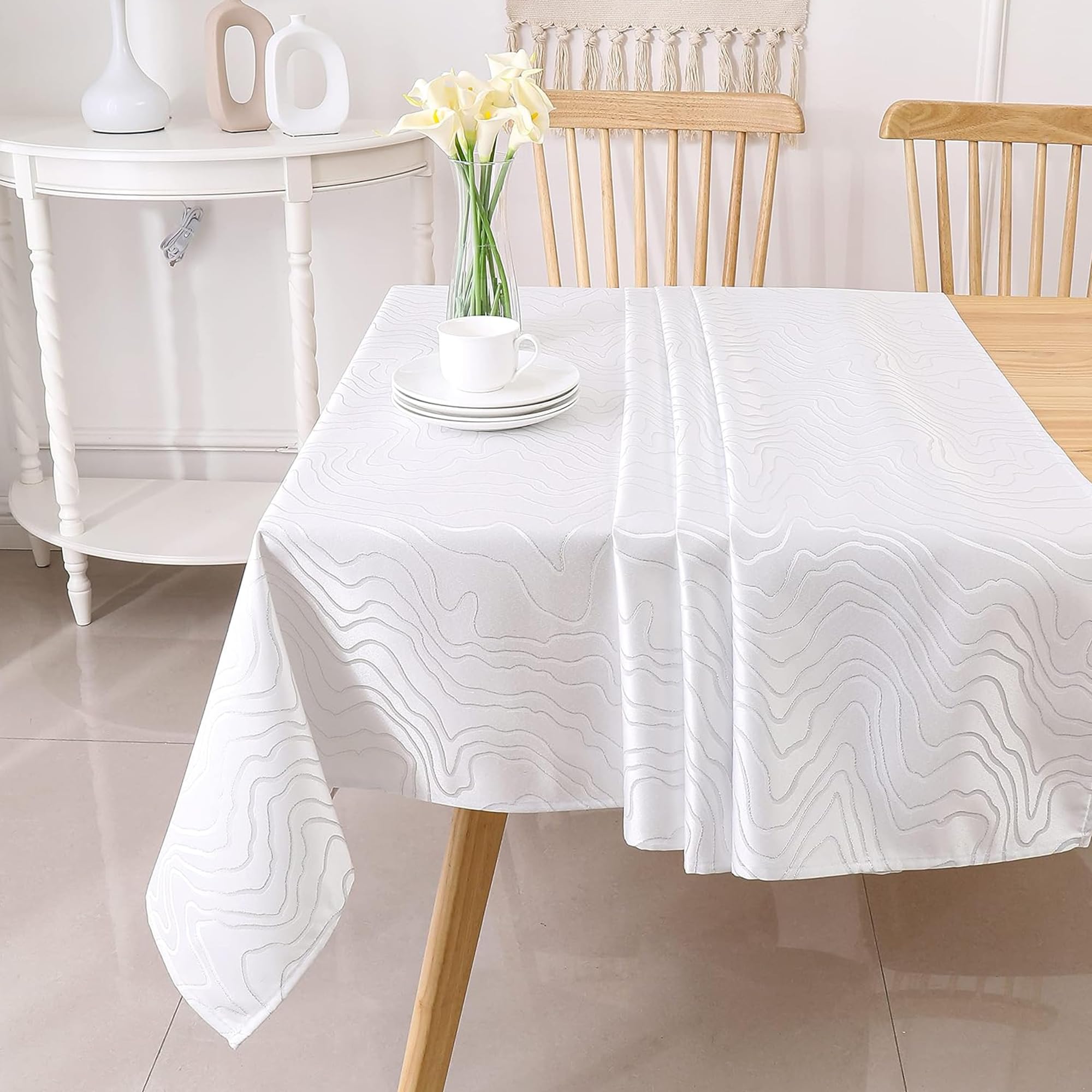 Majestic Giftware Polyester Tablecloths for Rectangle Tables | (70/144) - TC1348 Jacquard Silver Ripple Hem Stitch Dining Table Cover | Decorative Washable Tablecloth for Kitchen, Dining