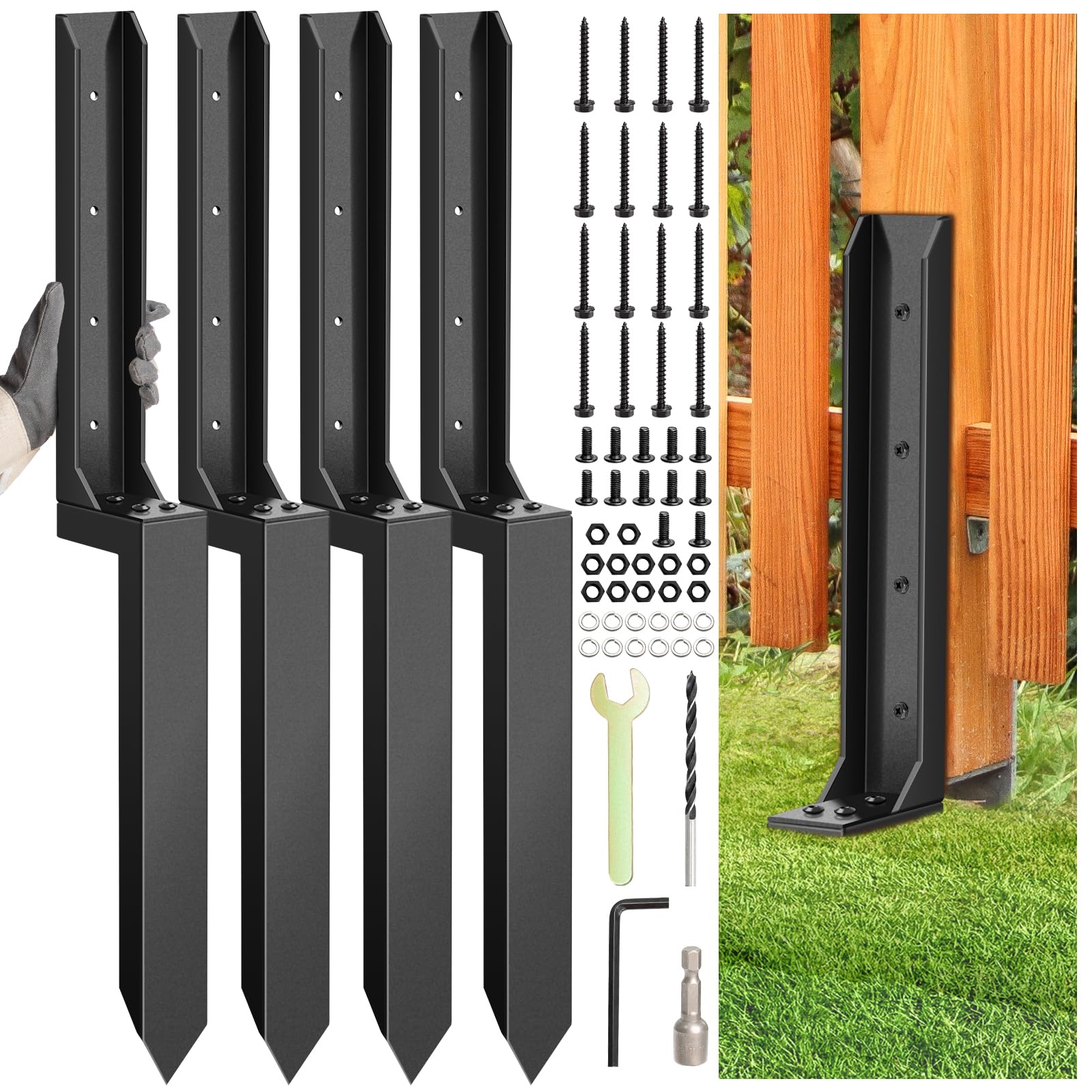 Photo 1 of 4 Pcs Fence Post Repair Kit, Heavy Duty Fence Post Anchor Ground Stakes for Repair Tilted, Broken Wood Support