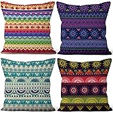 Vie Savaran 4 Pcs/Set Boho Pillow Covers Ethnic Bohemian Floral Geometric Colorful Flowers Retro Strips Multicolor Linen Throw Pillowcases for Couch Sofa Farmhouse Decoration, 18"x18"
