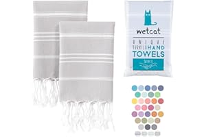 WETCAT Turkish Hand Towels with Hanging Loop (20 x 30) - Set of 2, 100% Cotton, Soft - Pre washed Boho Farmhouse Kitchen Towels - Unique Decorative Hand Towels for Bathroom (Light Grey)