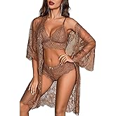 Avidlove Women Sexy Lingerie Set 3 Piece Bra and Panty Sets with Lace Kimono Robe Sleepwear Mesh Nightgown