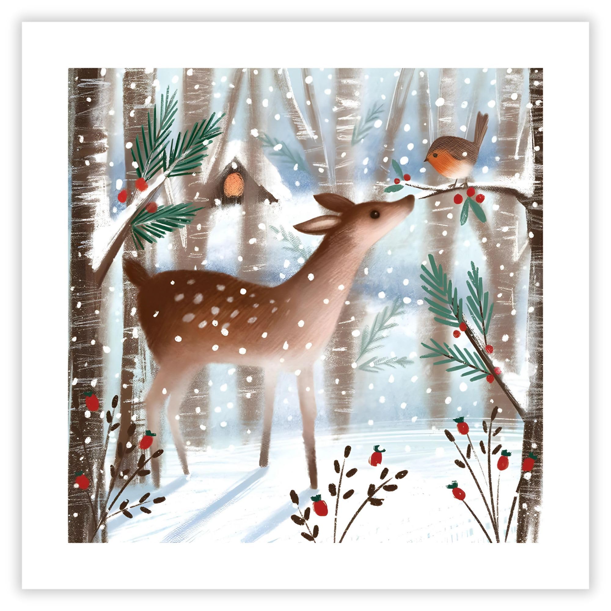 Christmas Cards Pack of 8 - Deer and Robin Winter Forest Scene - Artistic Design by Catherine Worsley - Eco-Friendly - Made in the UK