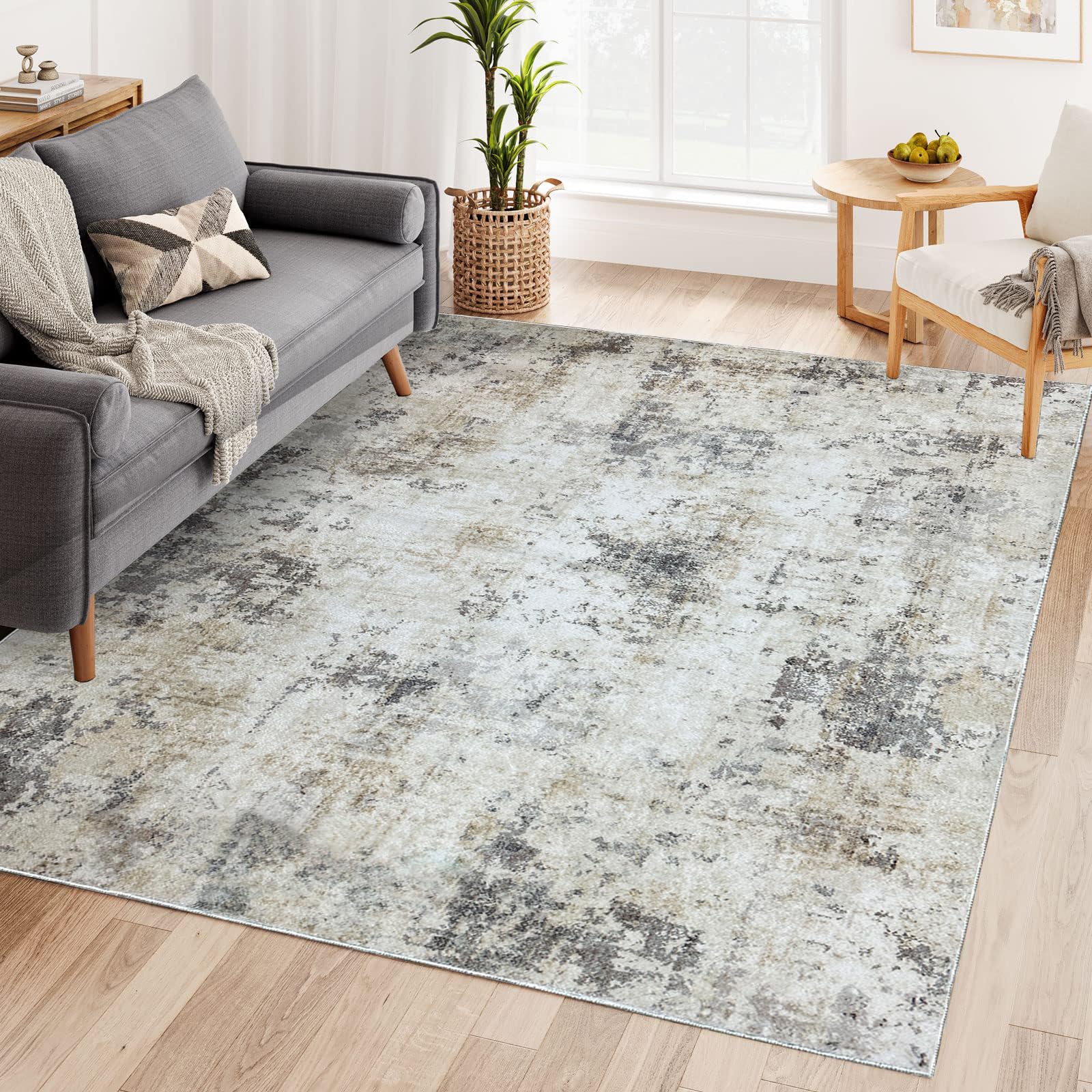Cinknots Modern Soft Area Rugs Abstract Distressed Rugs Living Room Bedroom Non-Slip Carpet Floor Mat (Abstract Brown/Grey/Multi, 120×160 cm)