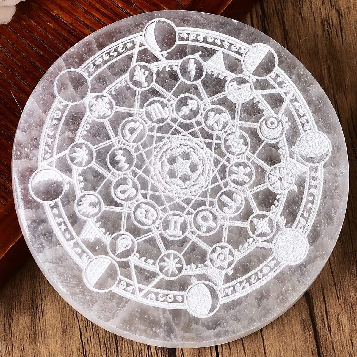 Indoor Fountains & Accessories - JIC Gem Round Etched Selenite Charging Plate 12 Star Engraved Selenite Slab Healing Crystal Charging Station 4 Inch
