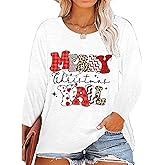 Plus Size Christmas Shirt Women Merry and Bright Long Sleeve Merry Christmas Long Sleeve Xmas T Shirts Tops