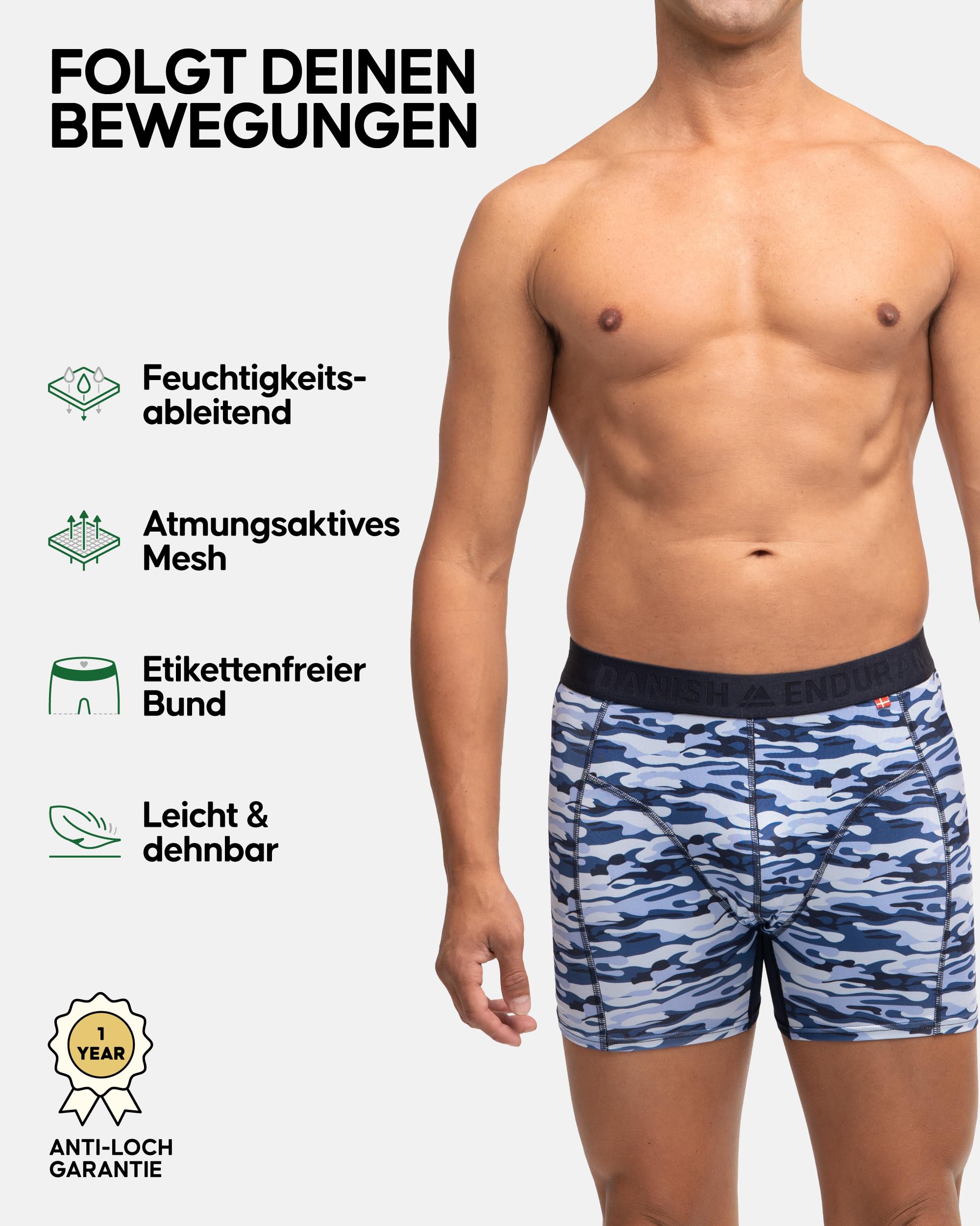 DANISH ENDURANCE 6er Pack Sport Boxershorts Herren, Mit regulärem oder langem Bein, 3X Schwarz, 1x Blau, 1x Camo, 1x Mosaik, M 2