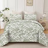 WONGS BEDDING Botanical Quilt Set California King Size, Sage Green 3 Pieces Toile Floral Plants Printed Bedspread Bedding Set Soft Lightweight Microfiber Coverlet Set for All Season (112"×96")