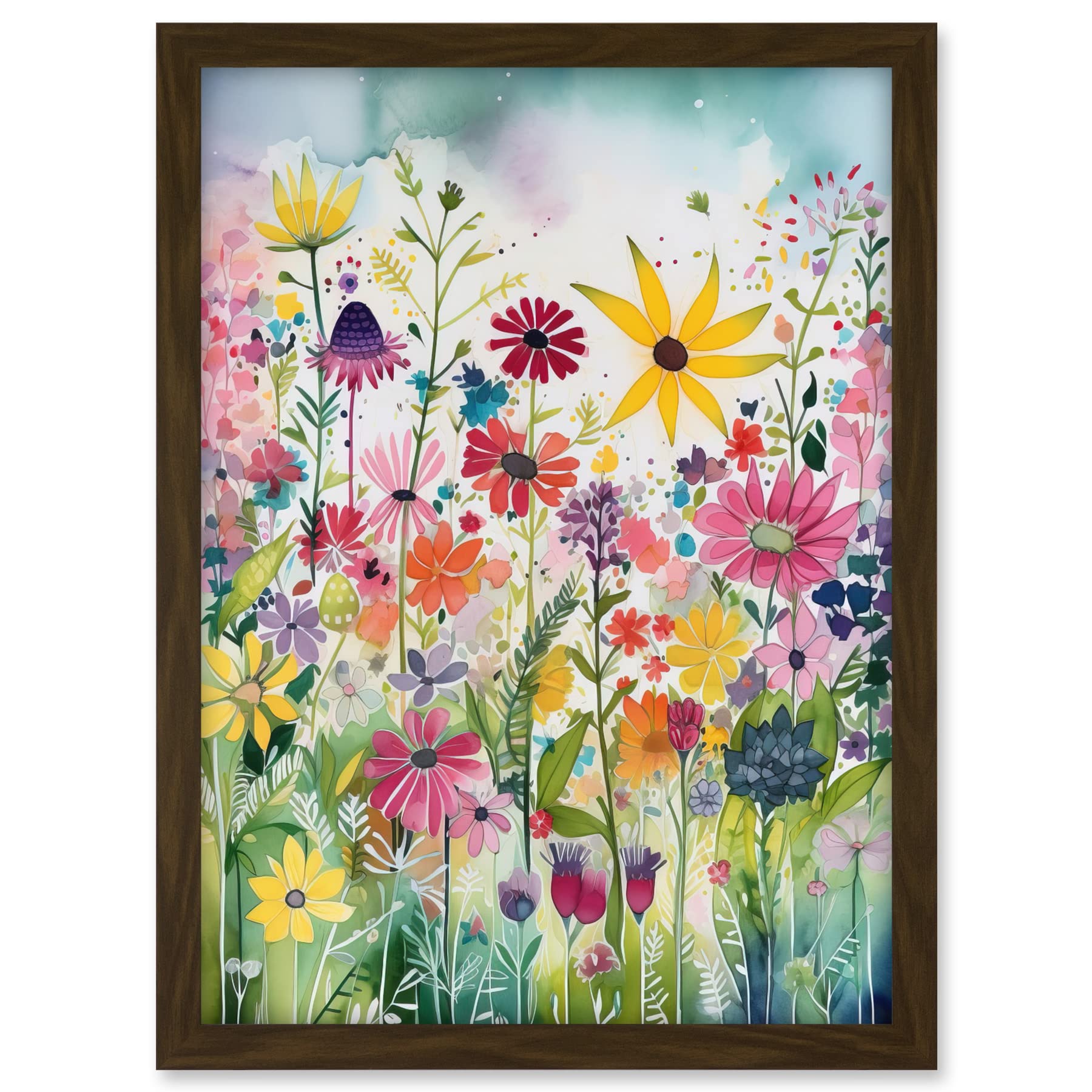 Artery8 Bright Wildflower Floral Blooms Folk Art Artwork Framed A3 Wall Art Print