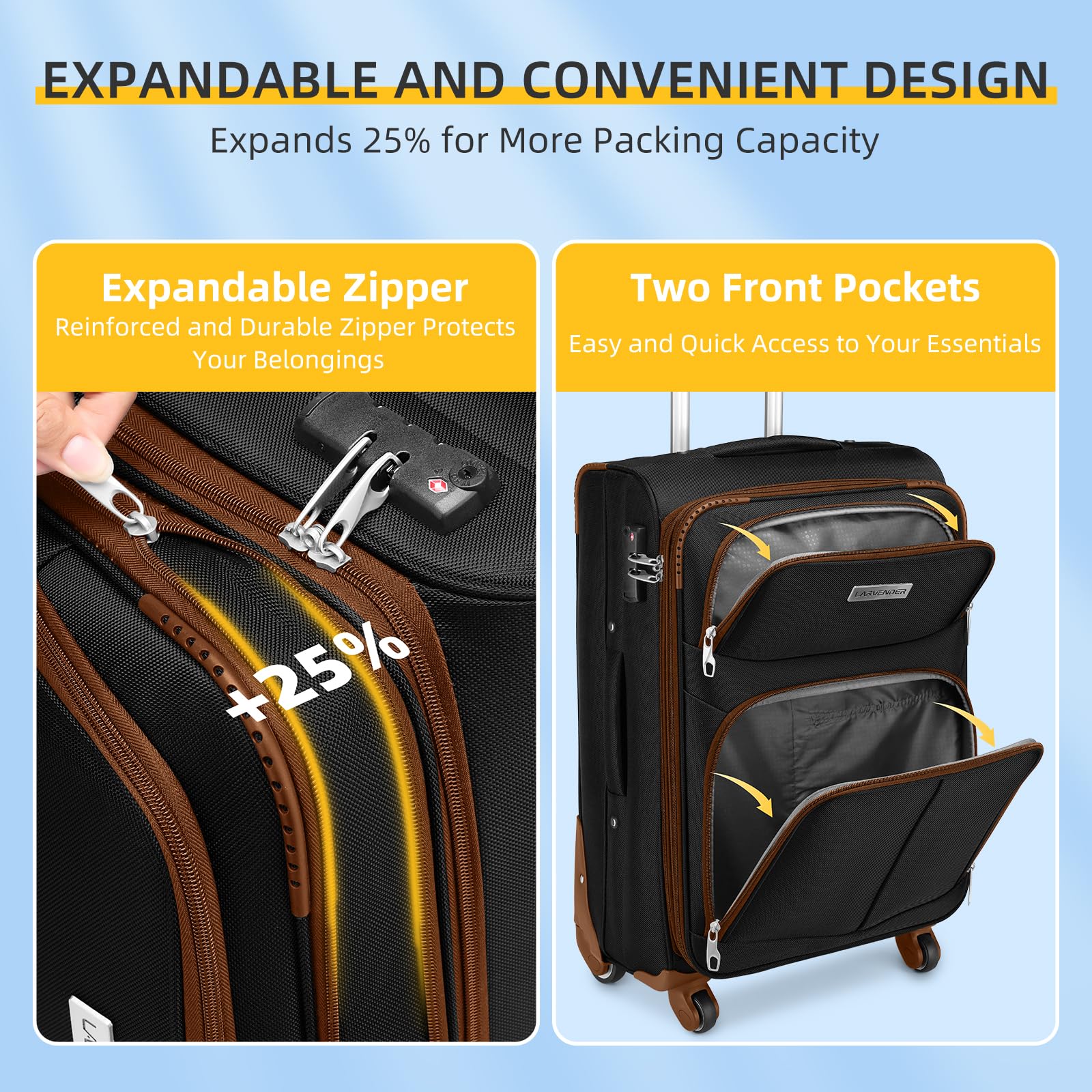 LARVENDER Luggage Sets 5 Piece Softside Expandable Suitcases Set with Spinner Wheels TSA Lock, Lightweight Soft Shell Rolling Travel Luggage Set Clearance for Men and Women, Black Brown