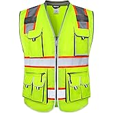 JKSafety 10 Pockets Class 2 Hi-Vis Zipper Front Yellow Safety Vest | Cushioned Collar | High Reflective Tapes with Extended Neon Orange Strips | Meets ANSI/ISEA Standards (X-Large, 89-Yellow)