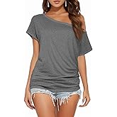 Buauty Womens Summer Off Shoulder Tops Casual Loose Short Sleeve T Shirts One Shoulder Tops Trendy Sexy Cute Tunic Tee