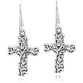 AeraVida Detailed Filigree Swirl Cross .925 Sterling Silver Dangle Earrings | Cross Earrings for Women | Cross Dangle Earring | Sterling Silver Dangle Earrings