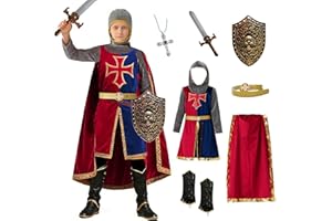 Mecamelon 8 Pcs Medieval Kids Knight Costume for Boys and Girls with Cape Shield Sword