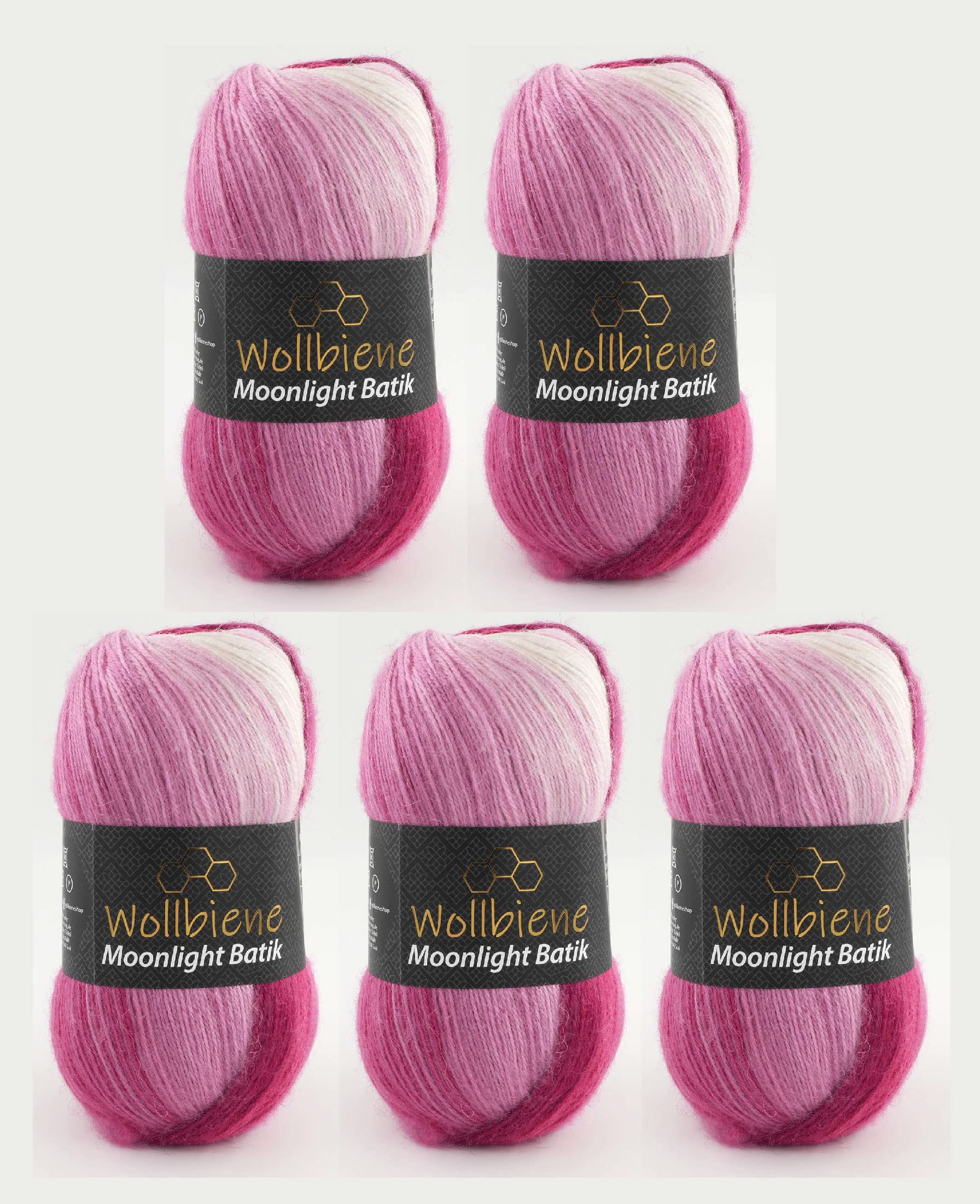 Wollbiene Moonlight Batik, 5 x 100g Turkish Wool, 500g for Knitting & Crocheting, 20% Wool, Colour Gradient, Berry White