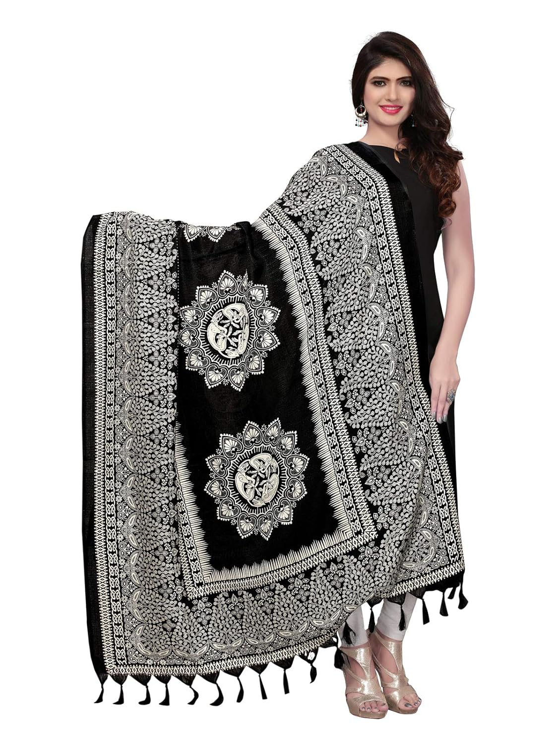 kanchnar women's black and white bhagalpuri printed dupatta