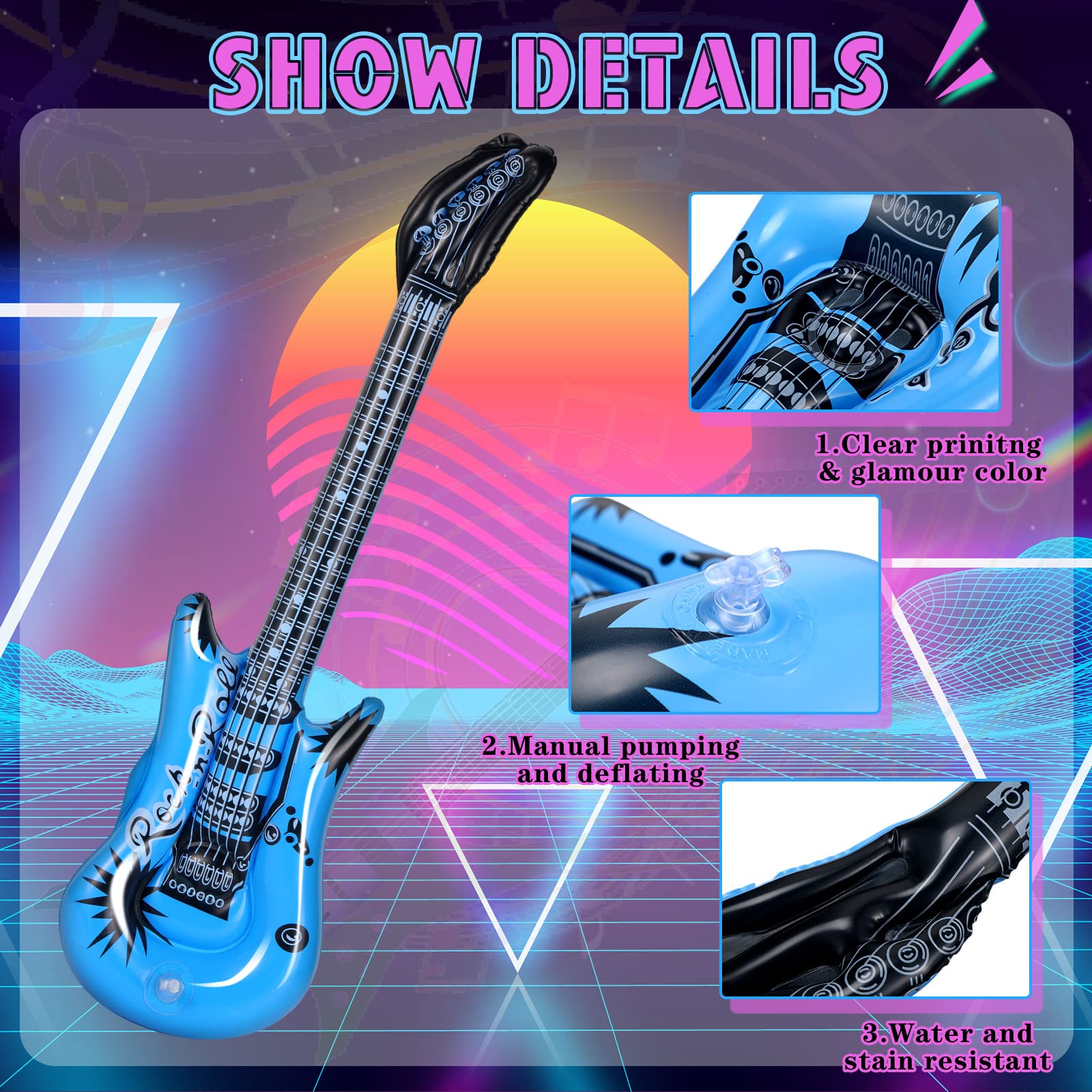 Tradder 24 Pcs Inflatable Rock Star Toy 37 Inch Set, Blow up Guitar Bulks Include Inflatable Guitar 24'' and 10'' Microphone for 80s 90s Musical Themed Party, Birthday Party Decor