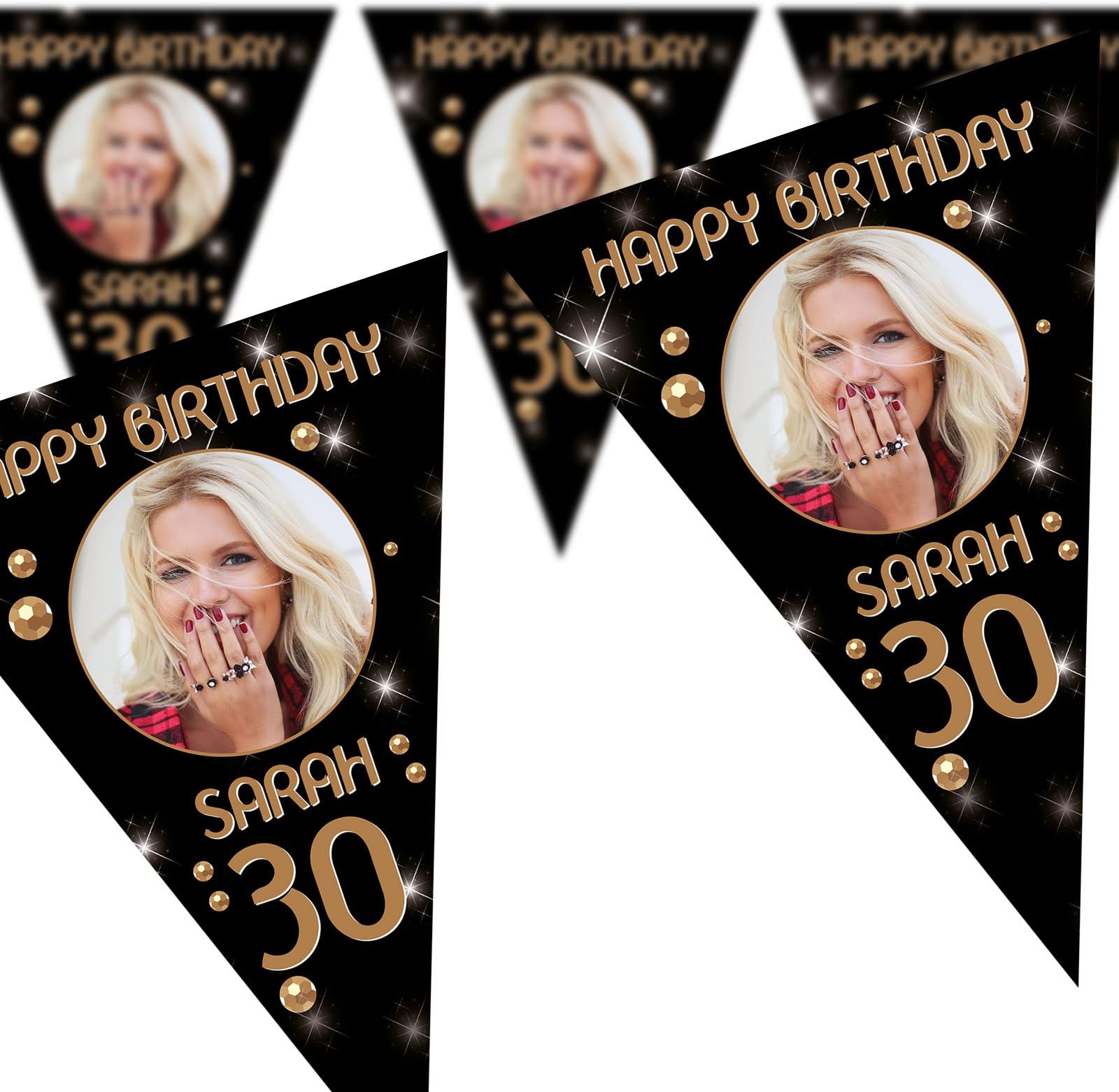 Birthday Personalised Photo Pennant Party Flag Banner (Black & Gold)