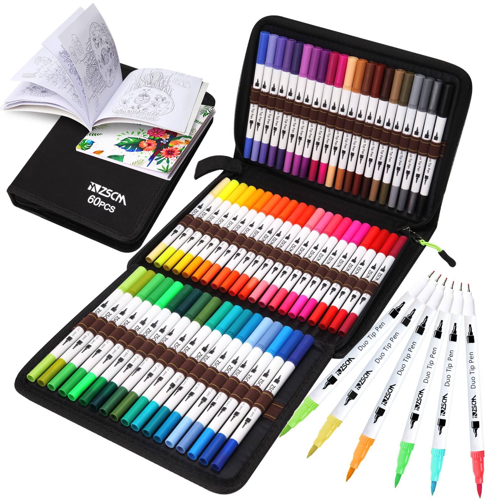 Photo 1 of ZSCM Art Duo Tip Brush Markers Set, 60 Colors Fine Brush Tip Artist Drawing Pens Set with Coloring Book, for Adult Sketching Journal Planner School Supplies Gifts
