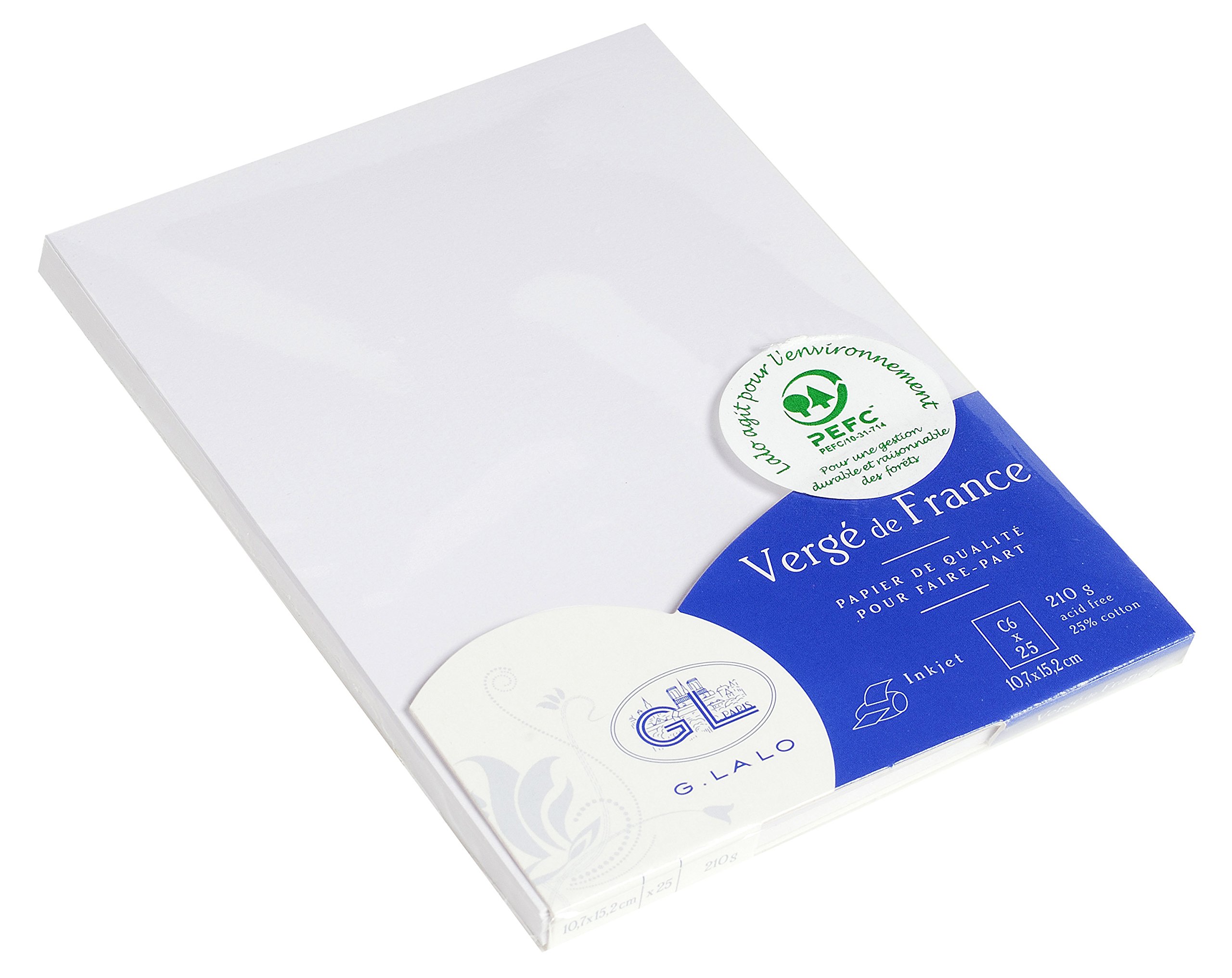 Lalo 16800L - Verge De France Pack of 25 Single Cards. Size: C6 10.7x15.2 cm 210g, Laid Paper from France, White, Lined, Correspondence, Paper Made in France.