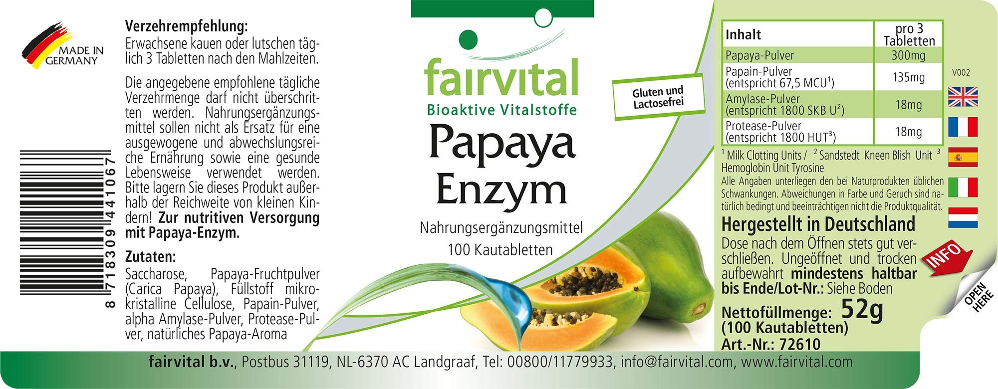 Papaya Enzyme Vegan HIGH Dosage 100 Tablets with Papain
