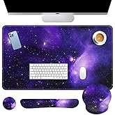 Britimes Space Galaxy Purple Keyboard Mouse Pad Set 4in1 Large Mousepad+Keyboard Wrist Rest+Mouse Wrist Rest+Coaster Ergonomic Design for Home Office Computer 35.4x15.7 inches