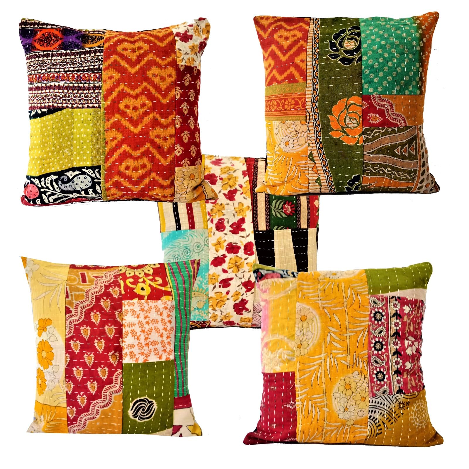 KHC Vintage Handmade Kantha Cushion Covers, Shabby Chic Quilted Patchwork Pillow Covers for Sofa, Couch, Chair, Bed, Home Decor (40X40 cms) 5 Pcs