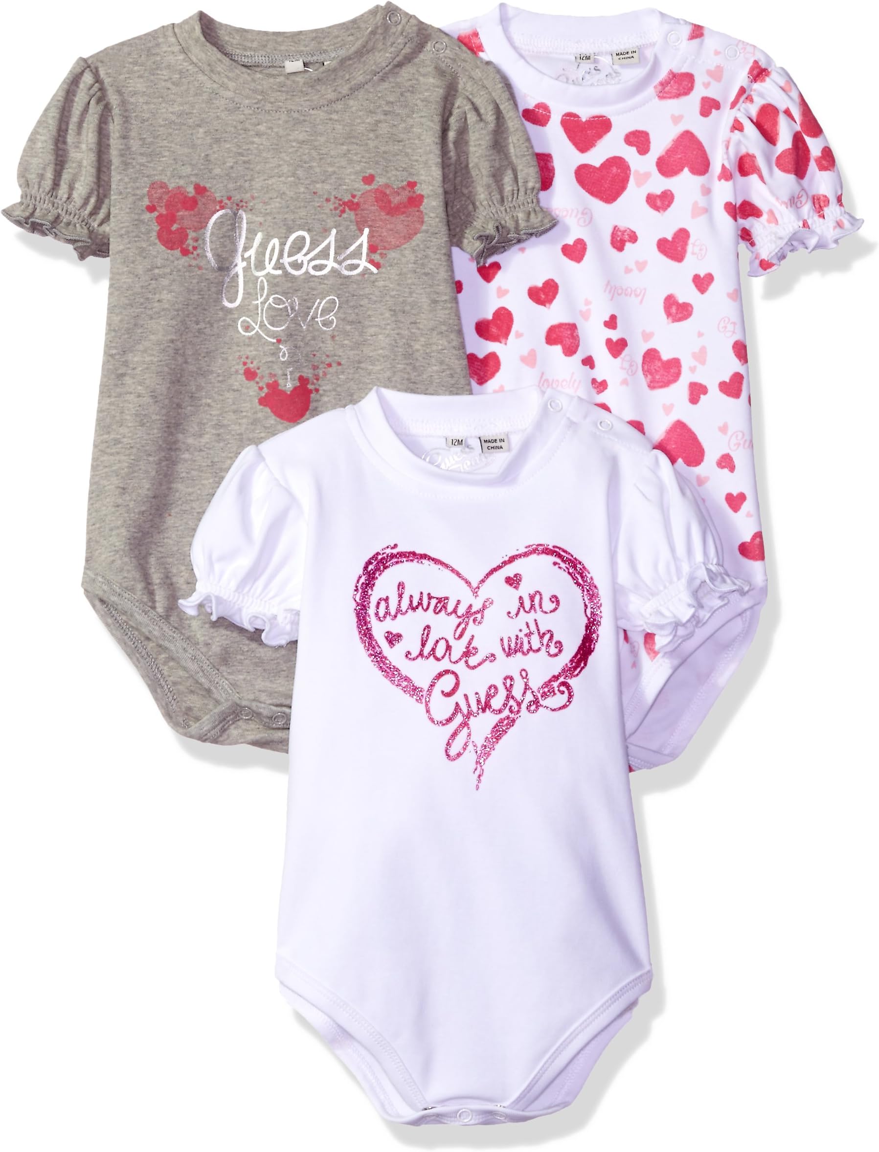 GUESS Baby Girls' Short Sleeve Logo and Heart 3 Piece Bodysuit Set, Pink/BLK Roses Combo 3/6M