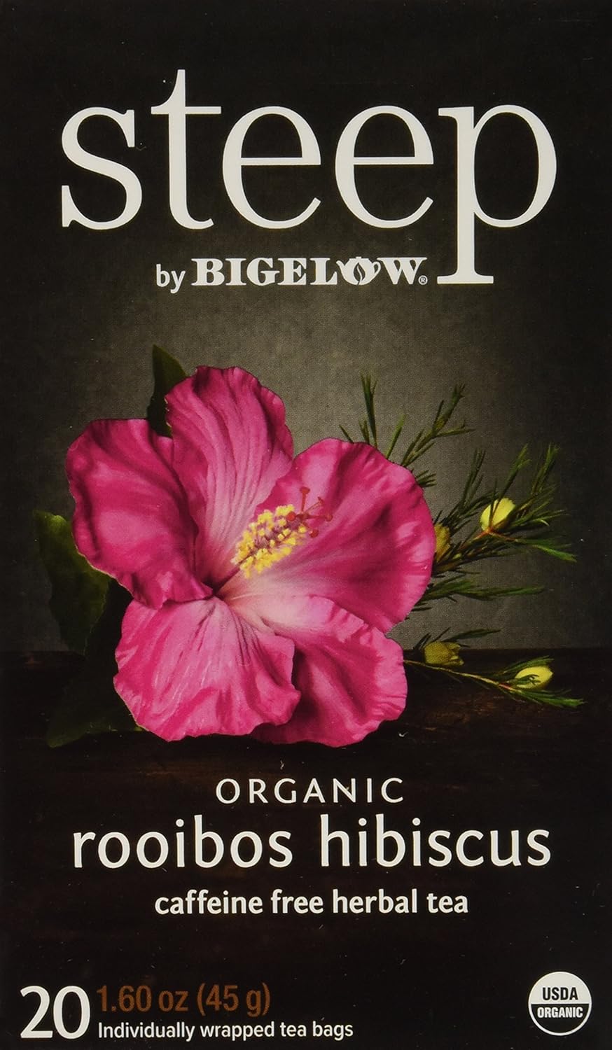 Steep by Bigelow Organic Rooibos Hibiscus Caffeine Free Herbal Tea 20 Count Caffeine-Free Individual Herbal and Rooibos Tea Bags, for Hot or Iced Tea, Plain or Sweetened with Honey or Sugar