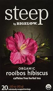 Steep by Bigelow Organic Rooibos Hibiscus Caffeine Free Herbal Tea 20 Count Caffeine-Free Individual Herbal and Rooibos Tea Bags, for Hot or Iced Tea, Plain or Sweetened with Honey or Sugar