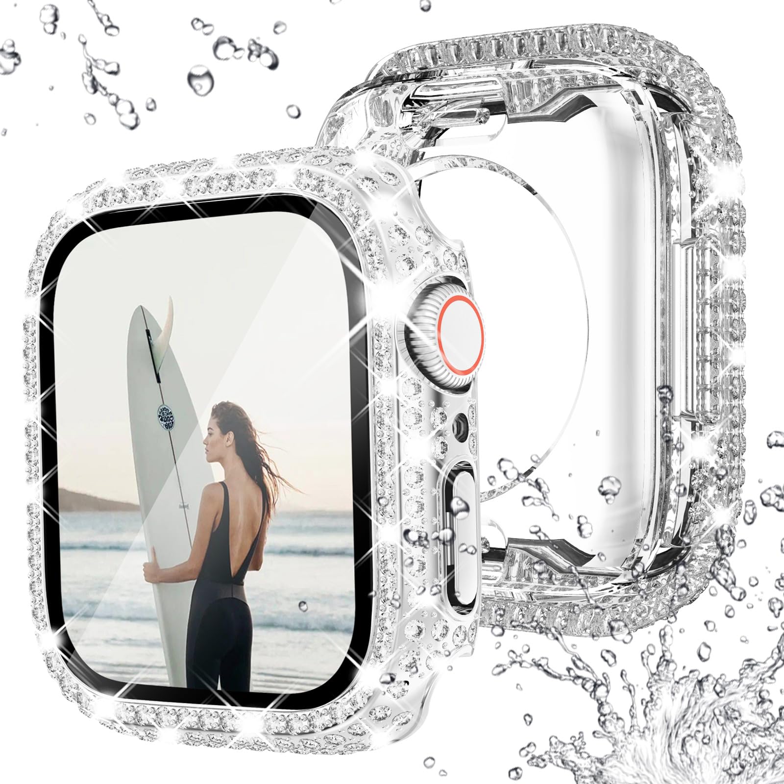 NewWays 2 Pack Waterproof Bling Case for Apple Watch 44mm Series SE 6 5 4 Screen Protector,Women Glitter Diamond Bumper Sparkly Face Cover for iWatch 44mm(Silver/Clear)