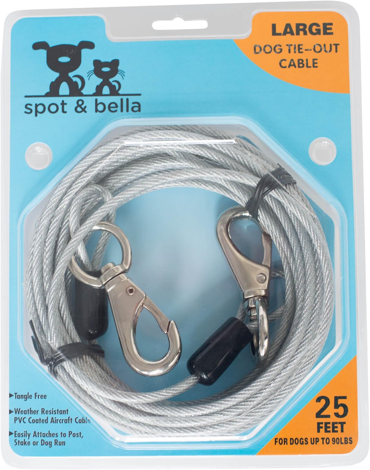 Spot and Bella 25 FT. Clear 90 lb Large Dog Tie-Out with Easy Use Stainless Steel Carabiner Swivel Clip