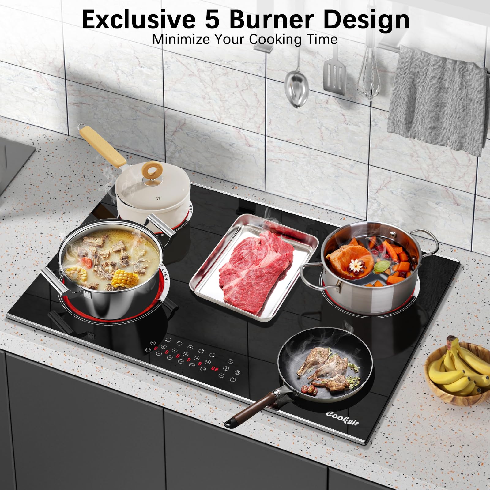 Electric Cooktop 30 Inch - 5 Burner Electric Stove Built-in 8400W High Power, 30 In Ceramic Stove Touch Control with Timer, Safety Lock, Glass Metal Prame, 220-240V Hard Wired (No Plug)