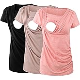 Ecavus 3PCS Women's Maternity Nursing Tops for Breastfeeding Short Sleeve Side Ruched Nursing Shirts