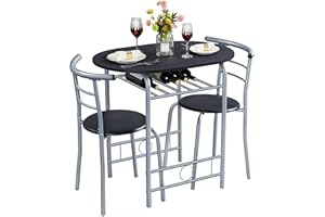 Yaheetech 3-Piece Dining Room Table Set, Kitchen Table & Chair Sets for 2, Compact Table Set w/Steel Legs, Built-in Wine Rack for Breakfast Nook, Small Space, Apartment, Black, 31.5x21x29" (LxWxH)