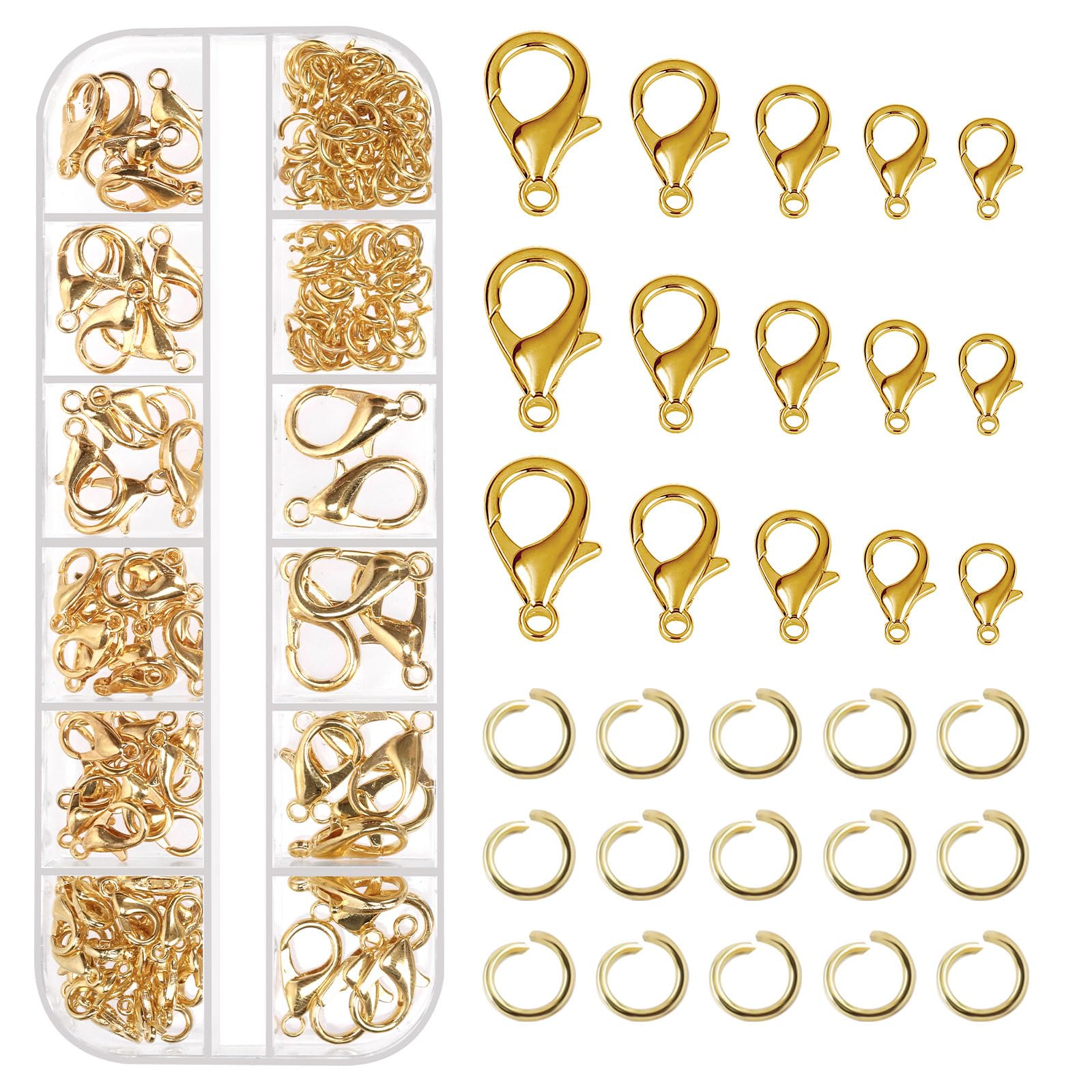 Tanstic 170Pcs Gold Lobster Claw Clasps with Open Jump Rings Kit, 10mm, 12mm, 14mm, 16mm, 18mm Alloy Small Jewelry Clasps Lobster Clasps and 6mm Jump Rings for DIY Jewelry Making