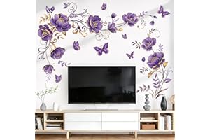 wondever Purple Gold Flowers Wall Stickers Flower Vine Butterfly Floral Peel and Stick Wall Art Decals for Sofa TV Background