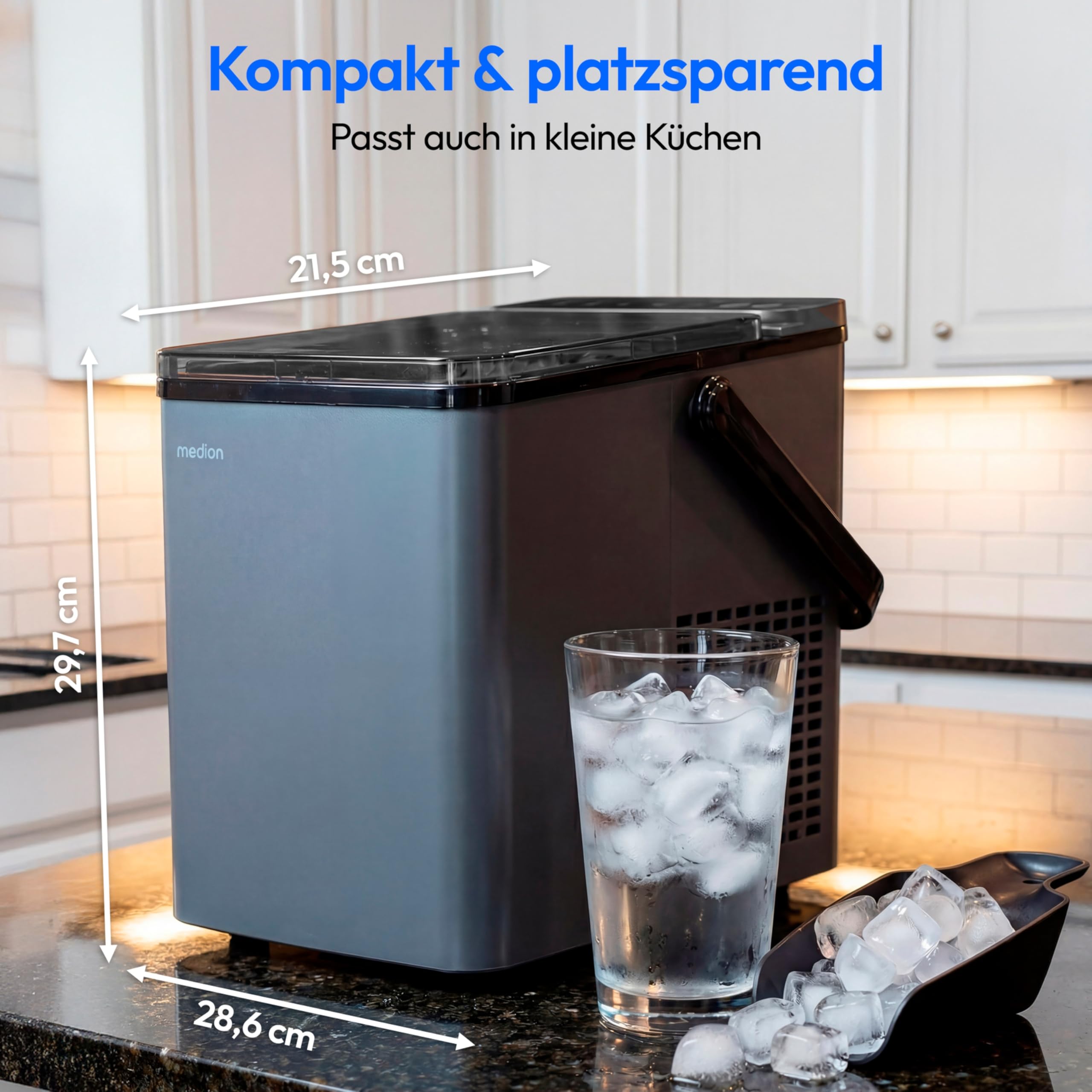 MEDION Eiswürfelmaschine, selbstreinigend, 12 kg Eis/Tag Eiswürfelbereiter, 2 Eiswürfelgrößen S & L, Integrierter Kompressor, 1,1 L Wassertank kompakt mit Tragegriff, GS-Zertifiziert, MD 100117 2