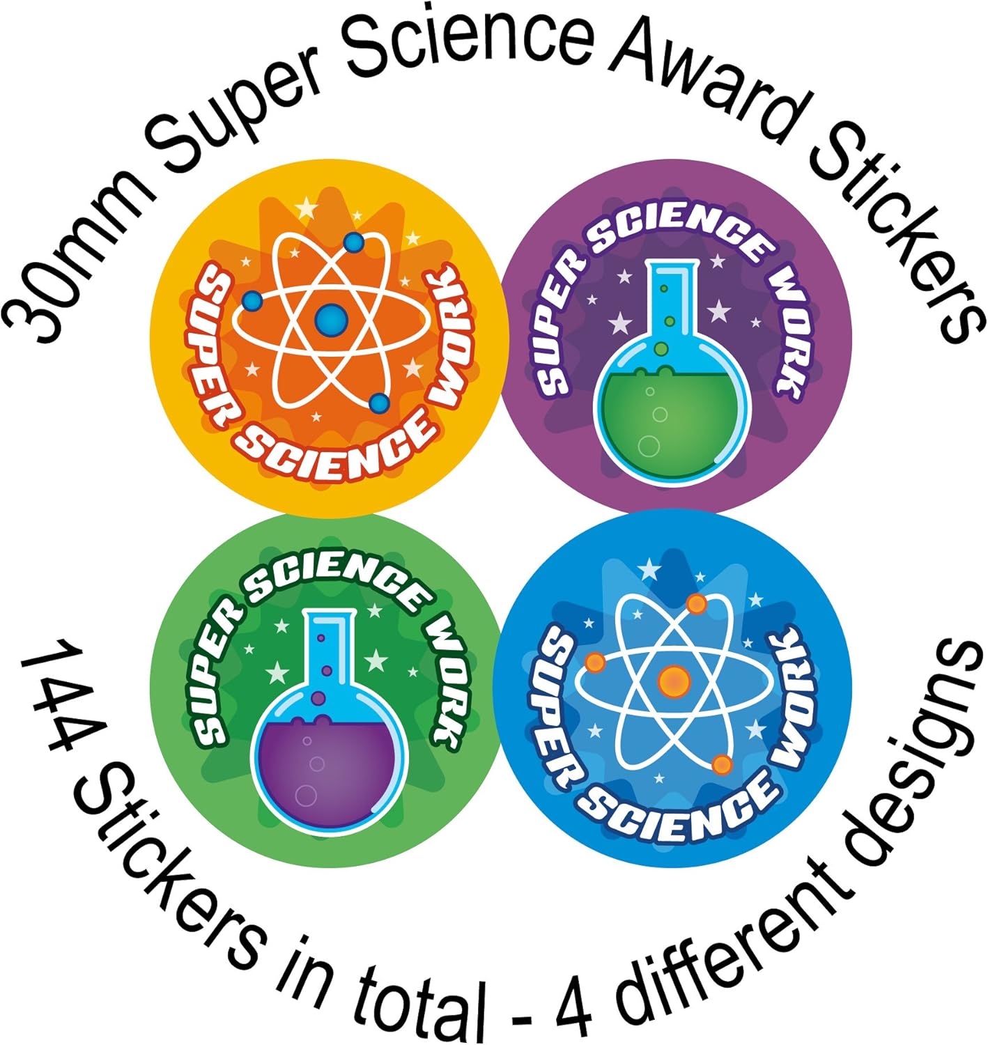 Super Science Work Stickers 144 30mm Stickers 4 Designs Rewards