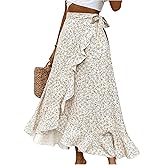 OYOANGLE Women's Floral Print Ruffle Skirts High Waisted Tie Side Wrap Flowy Long Skirt