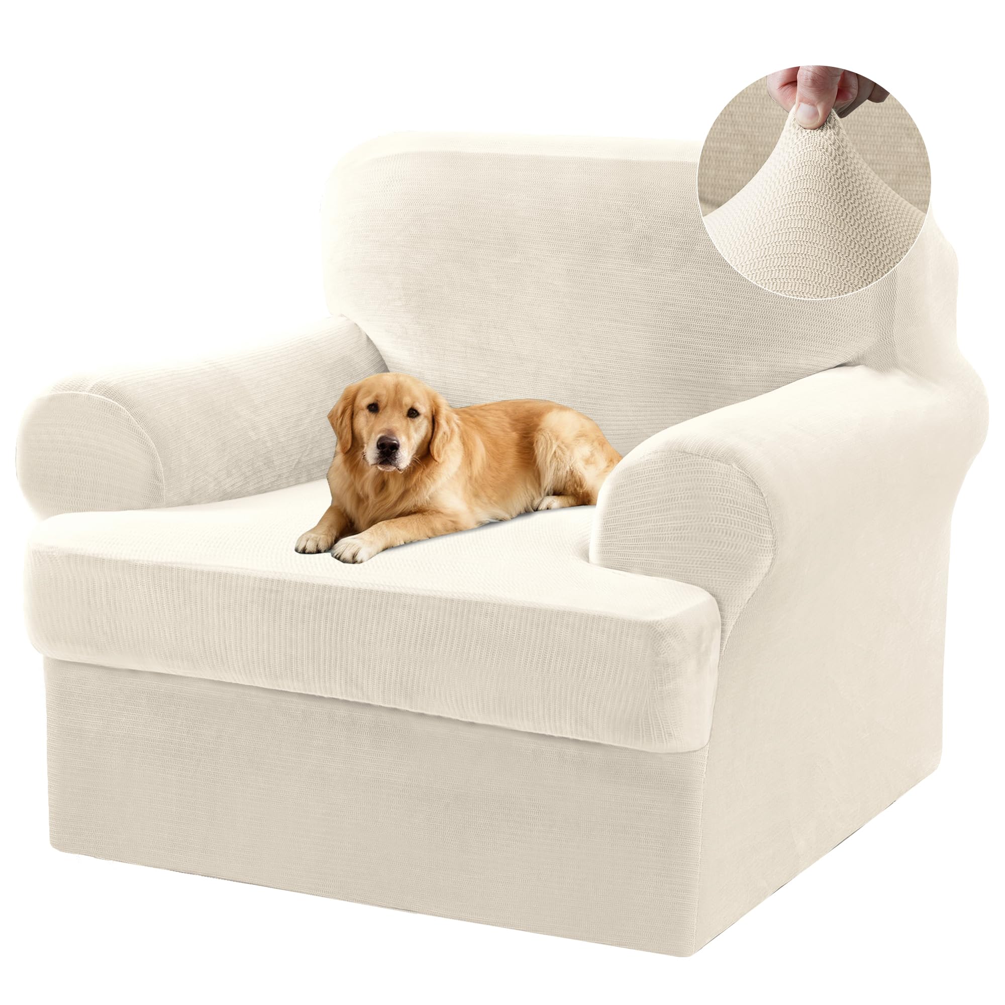 Photo 1 of 2 Pieces T Cushion Chair Covers with Arms Thick Velvet Couch Cover Stretch T Cushion Sofa Covers for Living Room Chair Cover with Individual T Cushion Covers , Washable (1 Cushion Chair, Ivory)